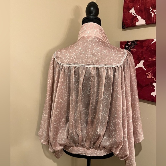 Lumiere Champagne button down Butterfly Sheer Blouse  with Tie waist, size L - Picture 2 of 5